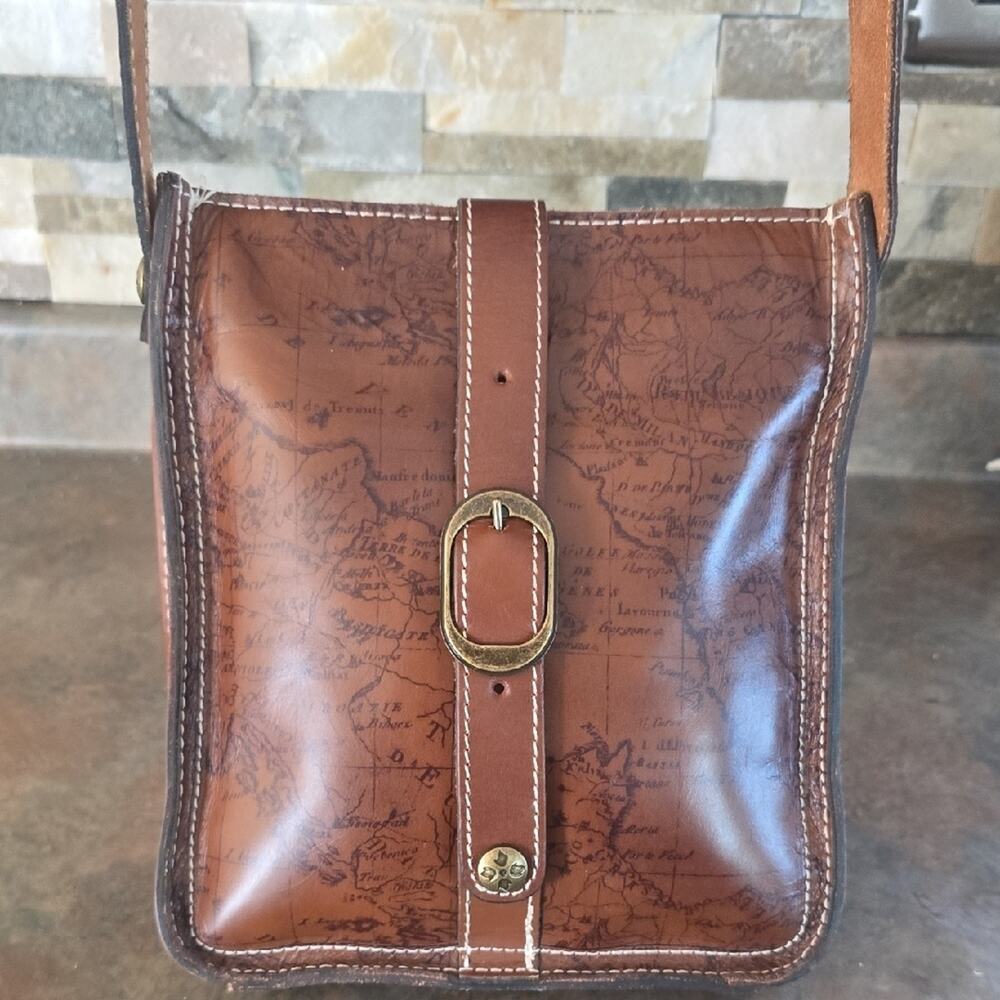 Patricia Nash Tan Leather Messenger Bag with Map Design